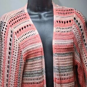 Boho Crochet Knit Long Duster Cardigan Open Front Pink Coral Striped Sweater M